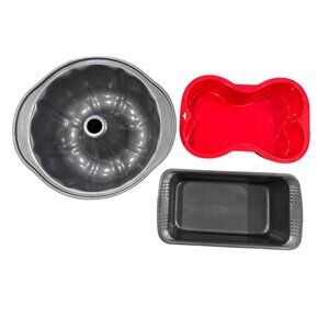 Set Of 3 Bakeware Pans: Dog Bone Silicone Mold Nonstick Bundt Pan & Loaf Pan